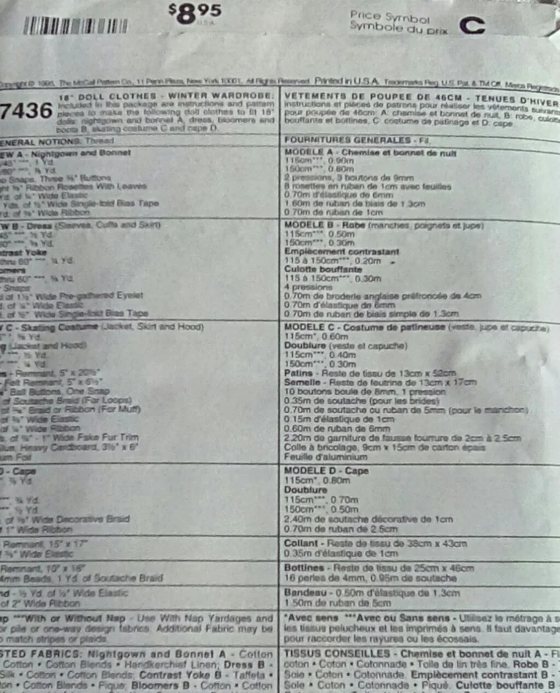 McCall's 7436 Doll Wardrobe fits American Girl Doll
